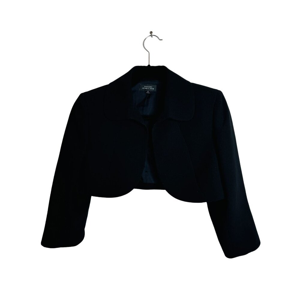 Tahari Size 6 Arthur S. Levine Black Cropped Jacket Bold Shouldered Split Cuff
